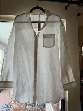 Victoria's Secret White Linen-Blend Button Shirt with Tan Trim
